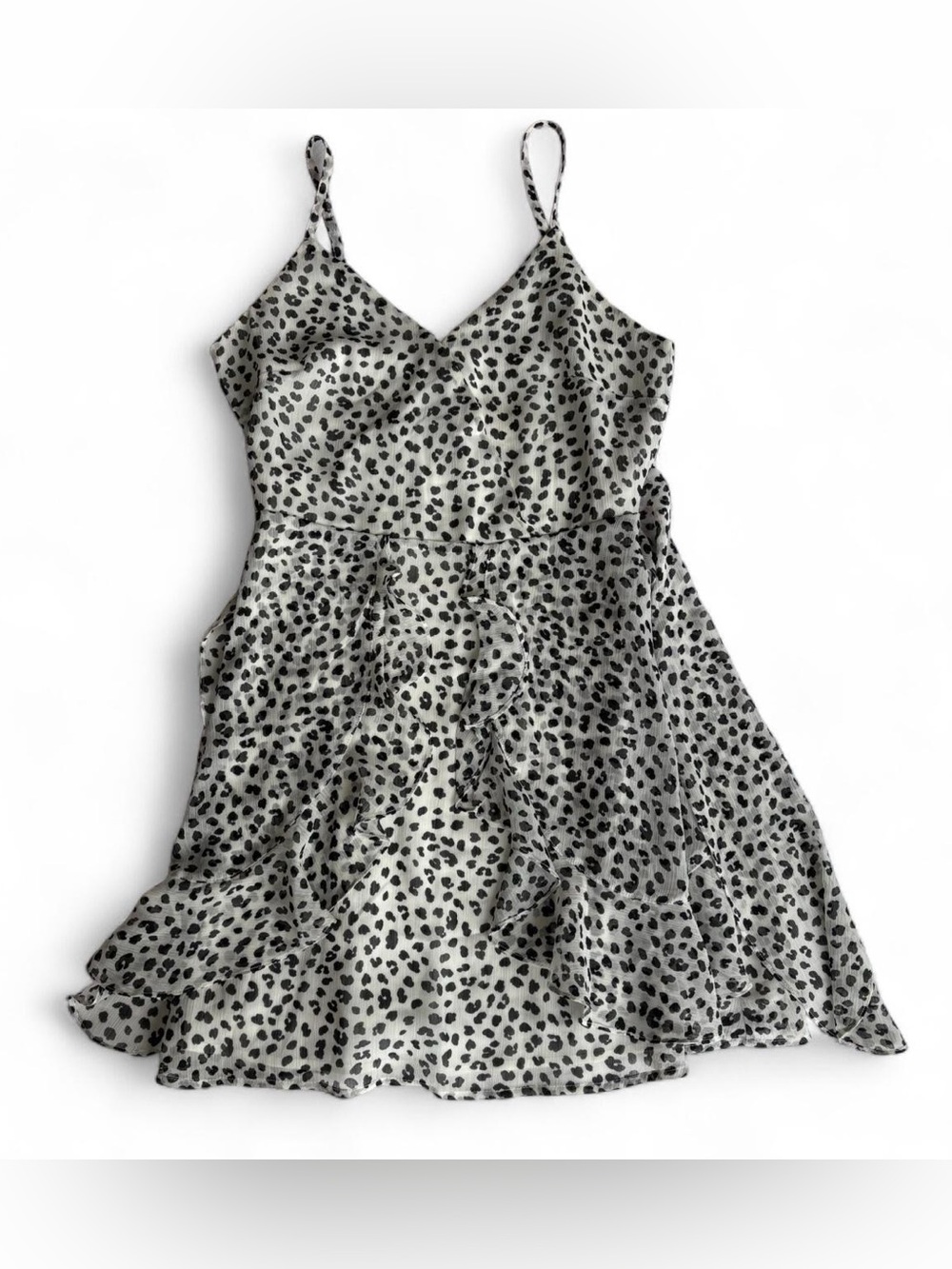 Lush Black & White Cheetah Print Chiffon Layered Ruffly Sundress Mini Dress Sz M
